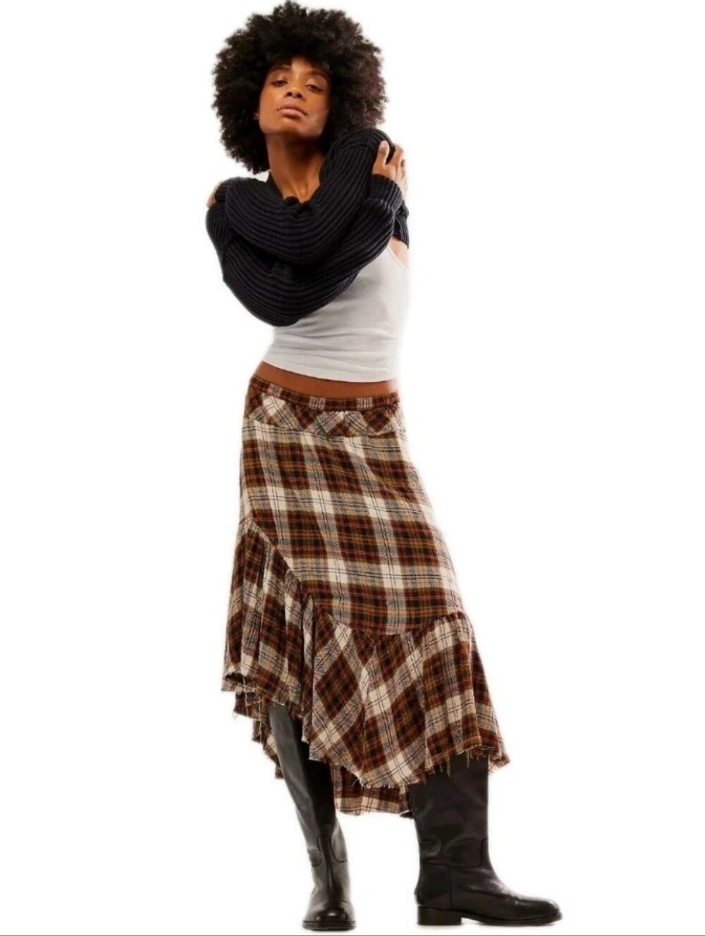 Free People Marcelline Asymmetrical Plaid Ruffle Frayed Raw Edge Hem Sz: Small